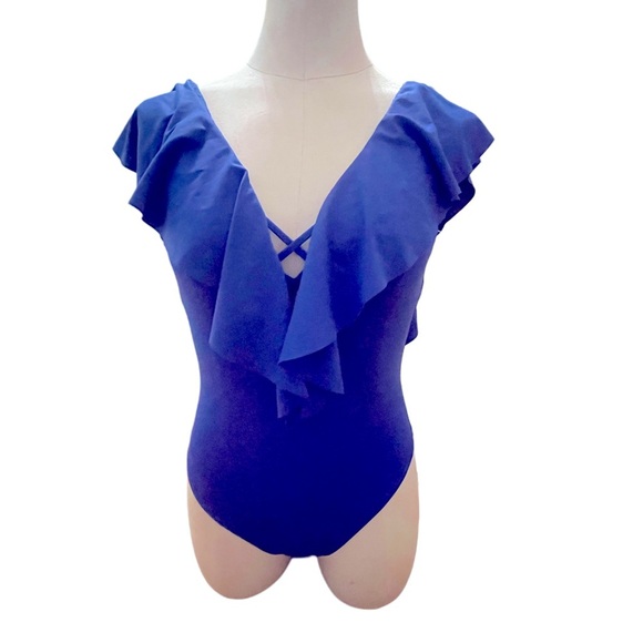 La Blanca Ruffled One Piece Swimsuit Blue V-Neck Size Small Excellent Summer - Picture 2 of 4